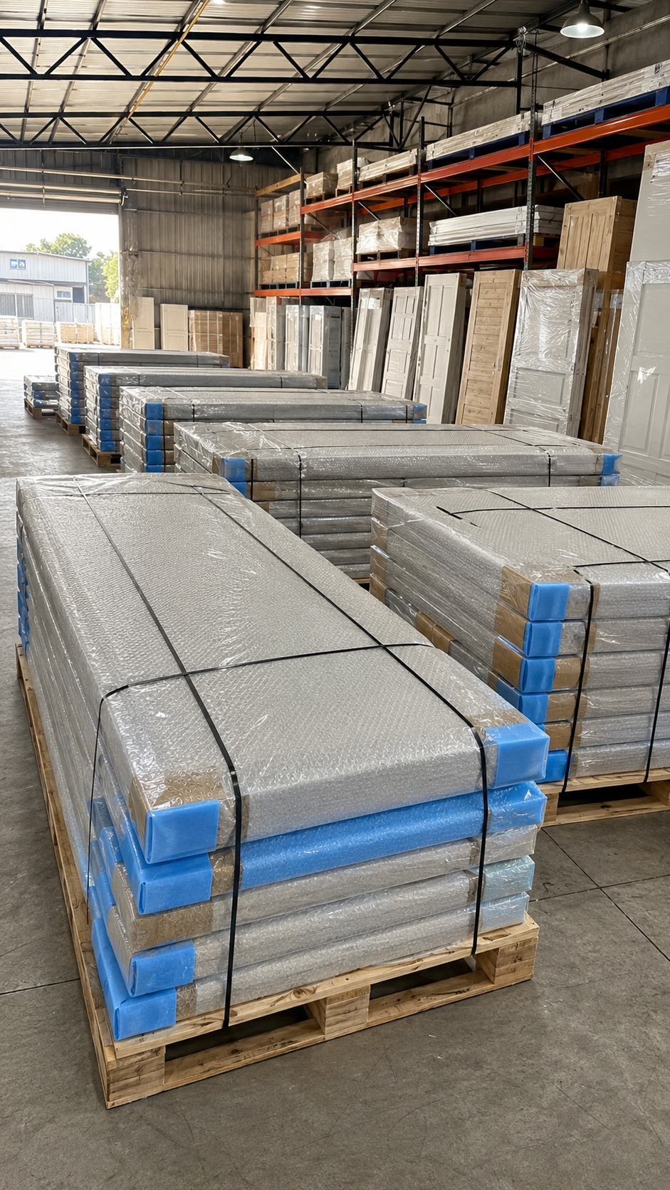 Puertas WPC embaladas y organizadas sobre pallets