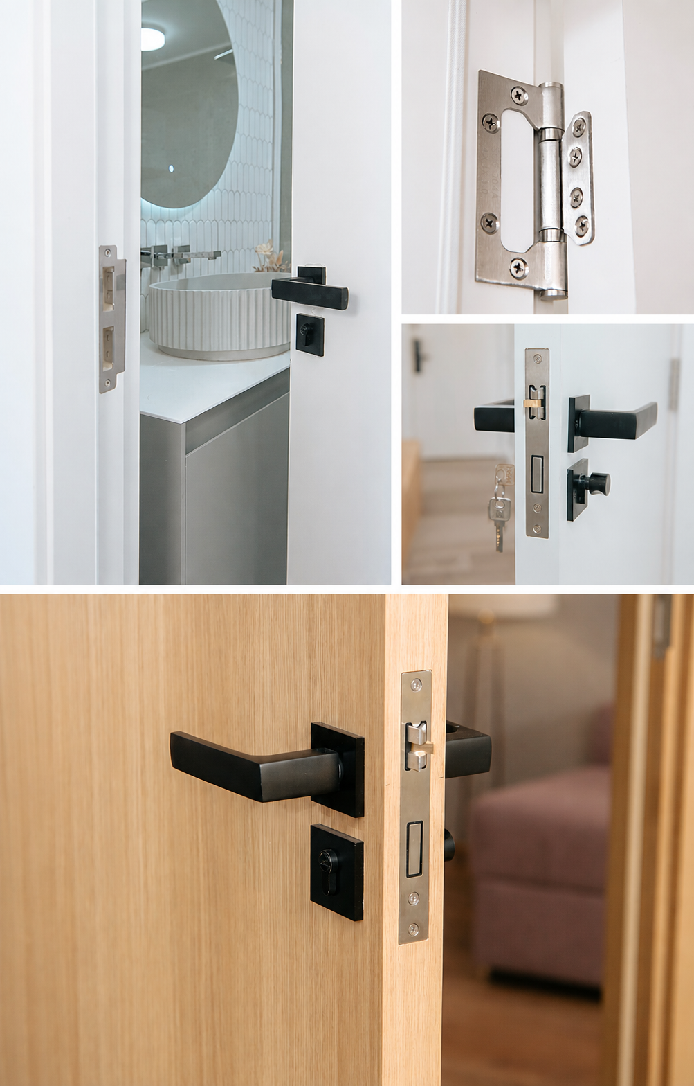 Detalles de puertas WPC DEK4US, bisagras, cerraduras y herrajes